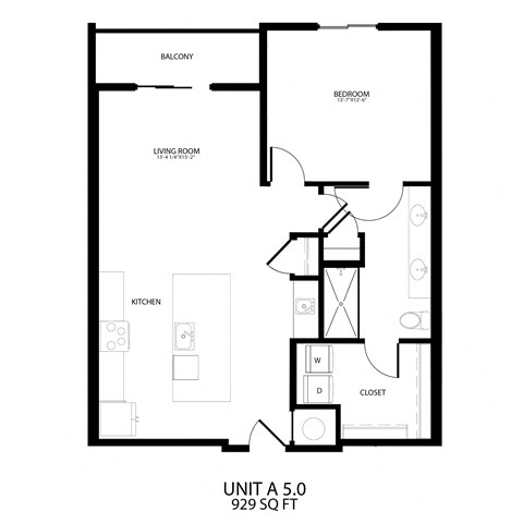 Floor plan for 1 bed, 1 bath, 929 sqft